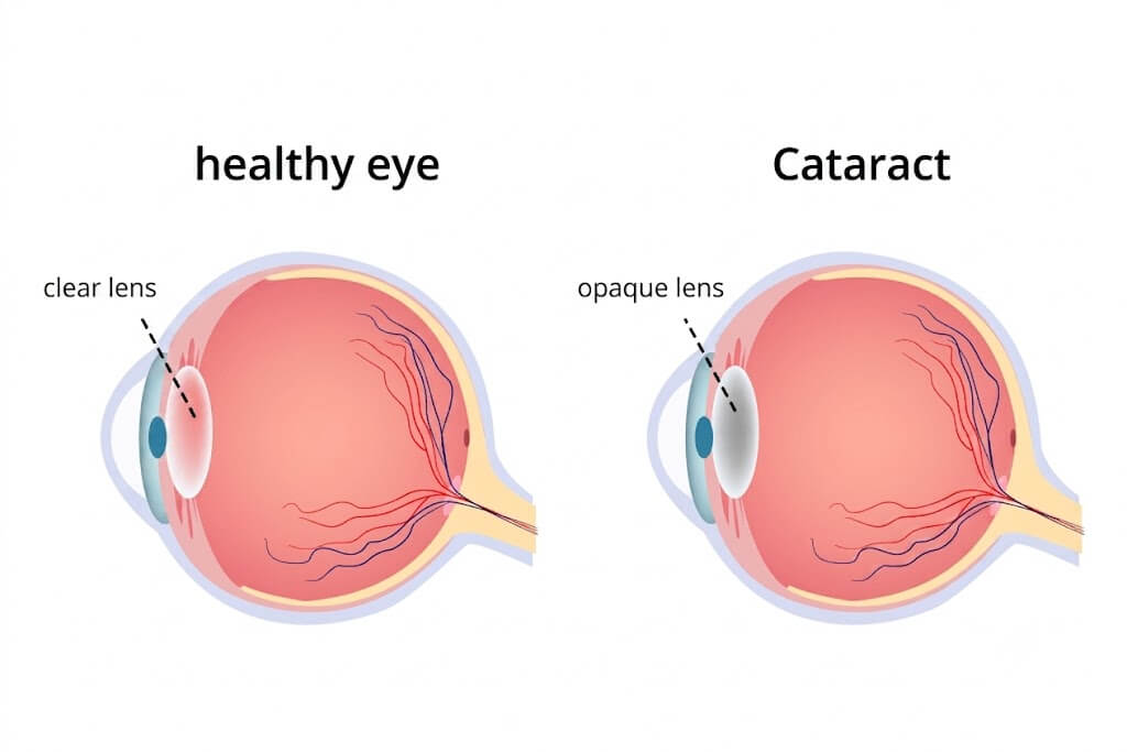 Comparison: Healthy eye and eye with cataracts